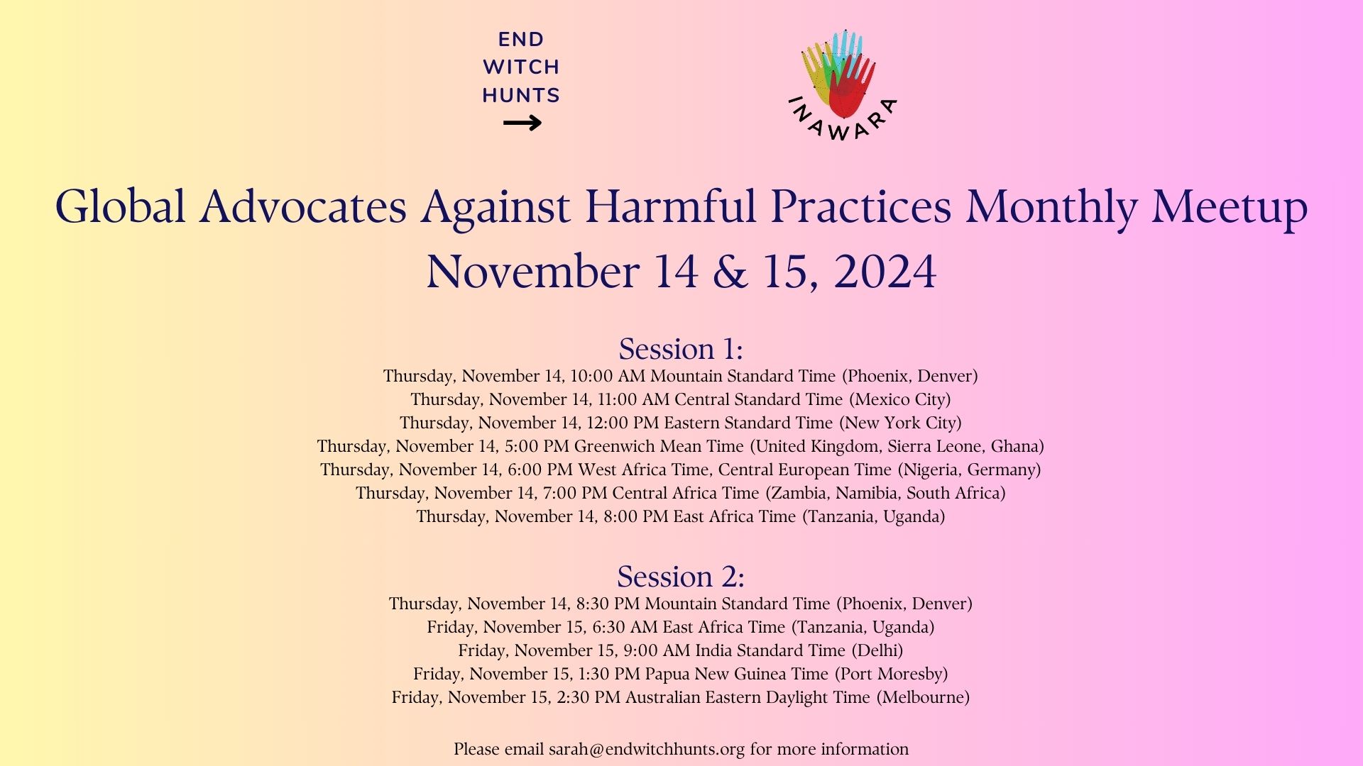 End Witch Hunts and INAWARA to Host Virtual Gatherings of Advocates Working to Eliminate Harmful Practices Related to Accusations of Witchcraft and Ritual Attacks