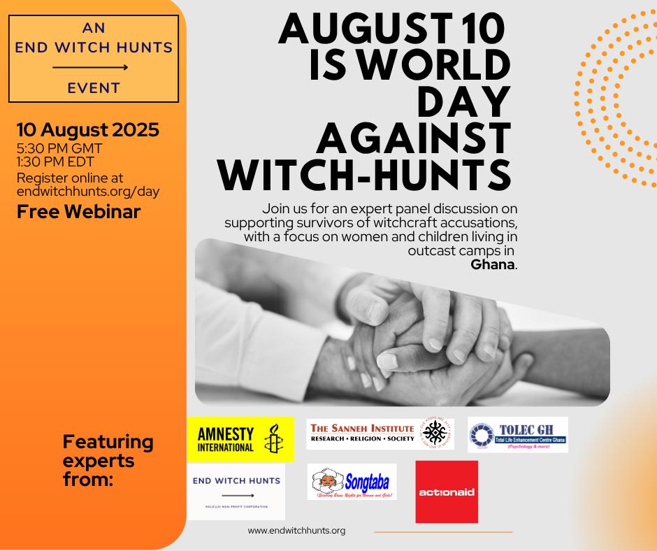 Promotional graphic for the World Day Against Witch Hunts event on August 10, 2025, featuring details about a free webinar on supporting survivors of witchcraft accusations in Ghana.