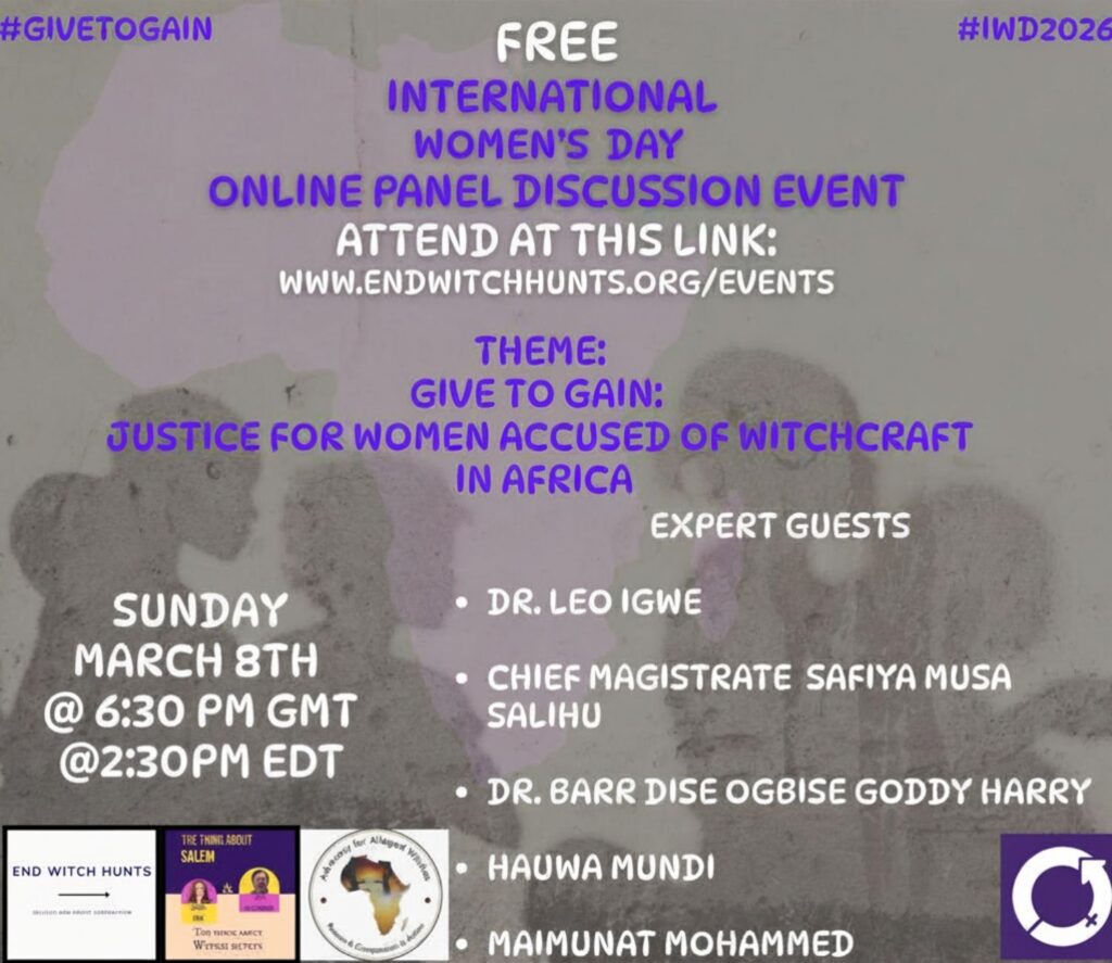 Promotional graphic for a free online panel discussion event for International Women's Day, focusing on justice for women accused of witchcraft in Africa. Includes event details such as the date, time, and expert guests.

Please join us Sunday, March 8 for an International Women's Day panel on getting justice for women who have been accused of witchcraft.
